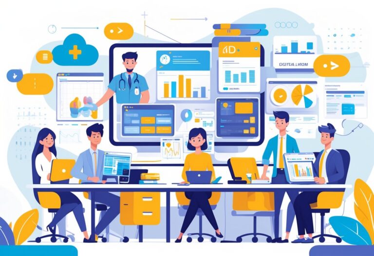 An office scene showing animated characters working in different industries like healthcare, education, entertainment, advertising, technology, and finance.