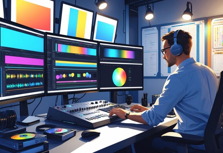 A video editor working at a desk with multiple monitors showing video editing software, surrounded by editing equipment and reference materials in a studio.