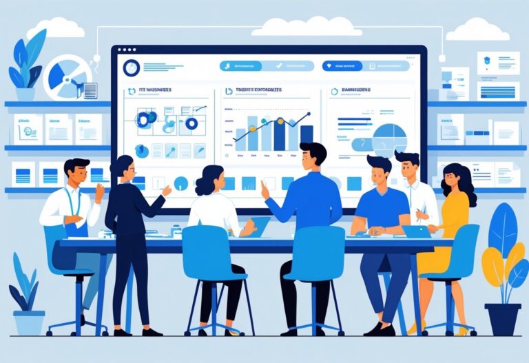 A team of professionals collaborating around a table with a digital screen showing project timelines and charts in a modern office.