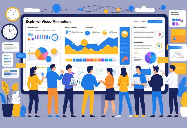 A group of animators working together around a large screen showing animated storyboards, with visual symbols of challenges like clocks and tangled wires on one side and solutions like teamwork and digital tools on the other.