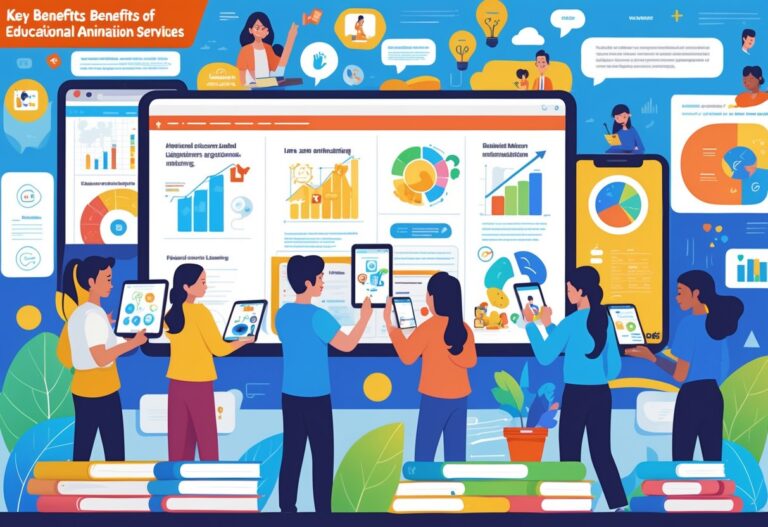 A group of students and teachers interacting with animated educational content on various digital devices in a modern classroom setting.