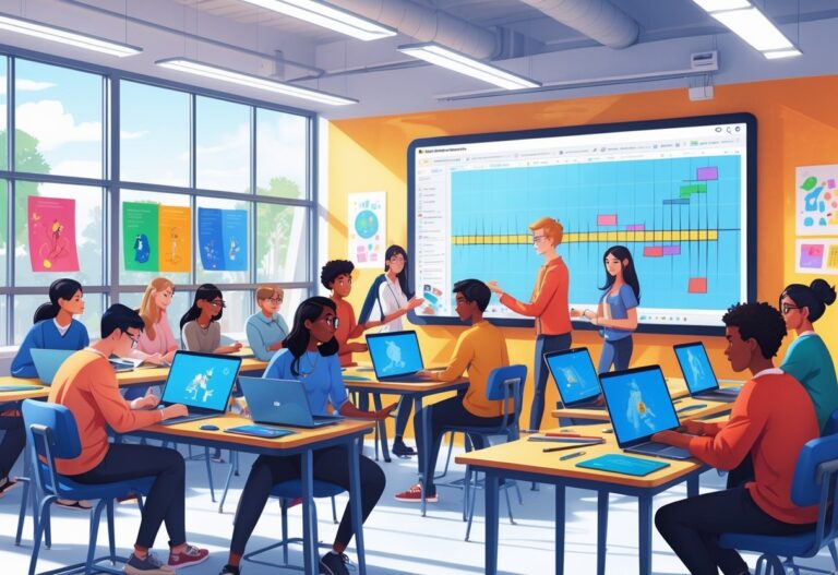 A classroom with students using laptops and tablets to create animations, guided by a teacher, surrounded by animation tools and a large digital screen.