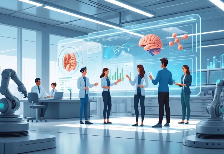 A futuristic workspace with professionals collaborating around transparent screens showing 3D medical models and data in a modern laboratory setting.
