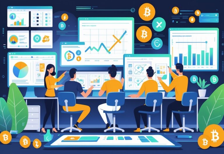 A team of professionals working together in an office with computers and digital screens, creating an animation related to financial technology.