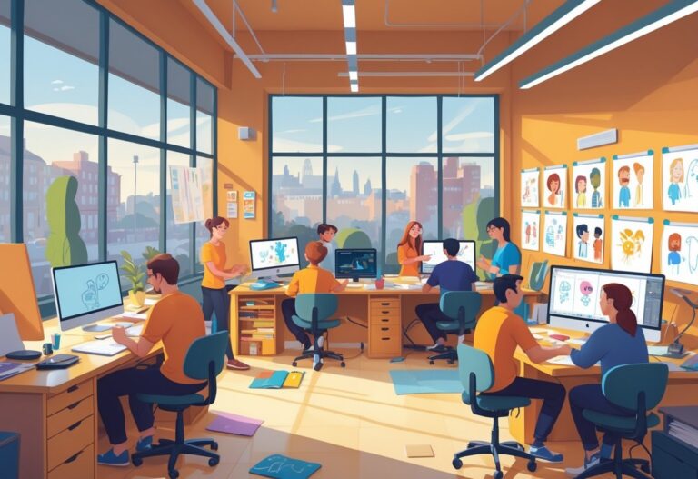 A creative animation studio in Belfast with artists working on digital tablets and computers surrounded by sketches and storyboards.