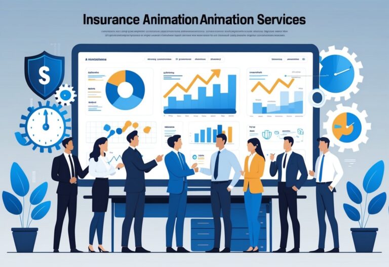 Business professionals in an office viewing animated charts and icons on a large screen illustrating growth, efficiency, and protection benefits for insurance companies.