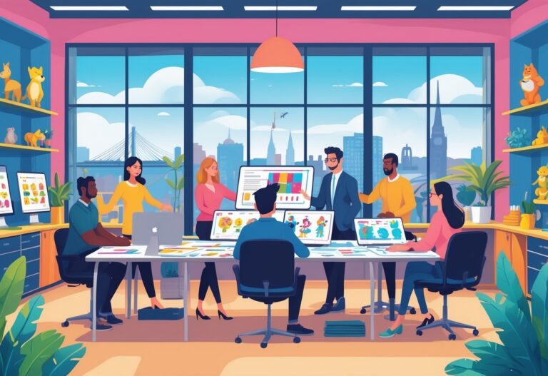 A busy animation studio with people working together around a table, computers showing animation frames, and a view of Belfast city through large windows.