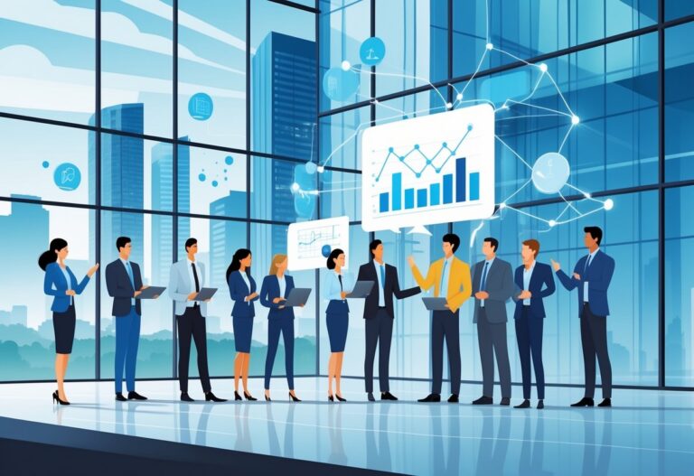 A group of business professionals collaborating in a modern office with the Belfast skyline in the background and digital animated charts floating in the air.