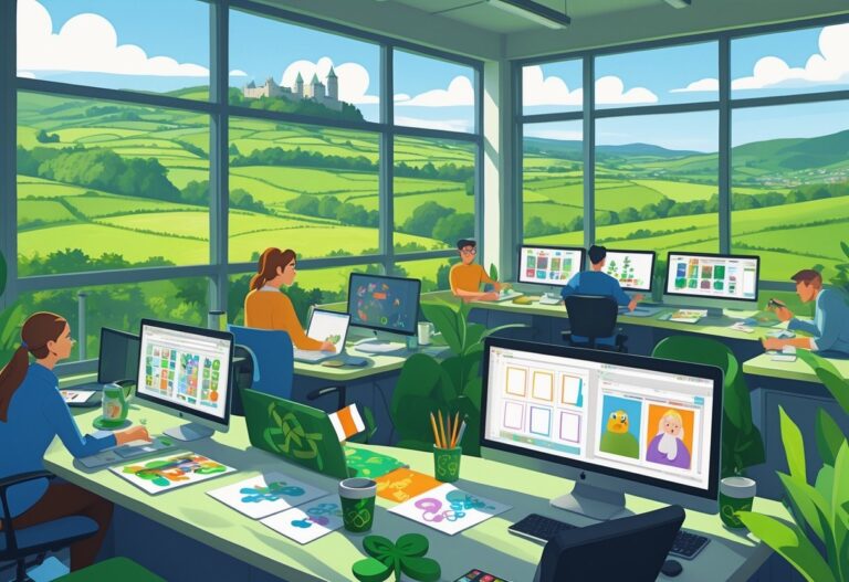 An office with animators working at desks, computers showing animation frames, and windows revealing green hills and a castle outside.
