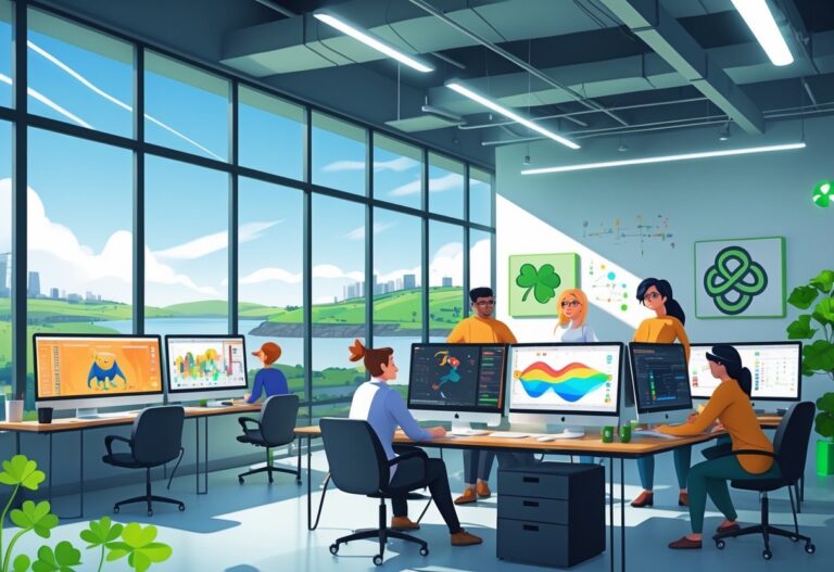 A modern animation studio in Ireland with animators working on computers and creative tools around them, with a view of an Irish cityscape outside the windows.