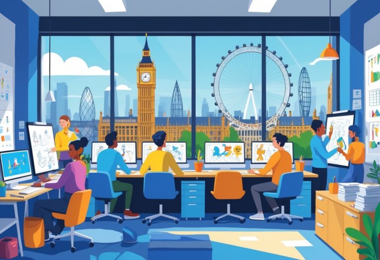 A bright animation studio in London with people working on computers and drawing tablets, with London landmarks visible through the windows.