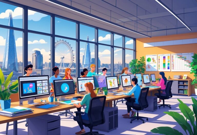 A busy animation studio in London with artists working at desks and London landmarks visible through large windows.