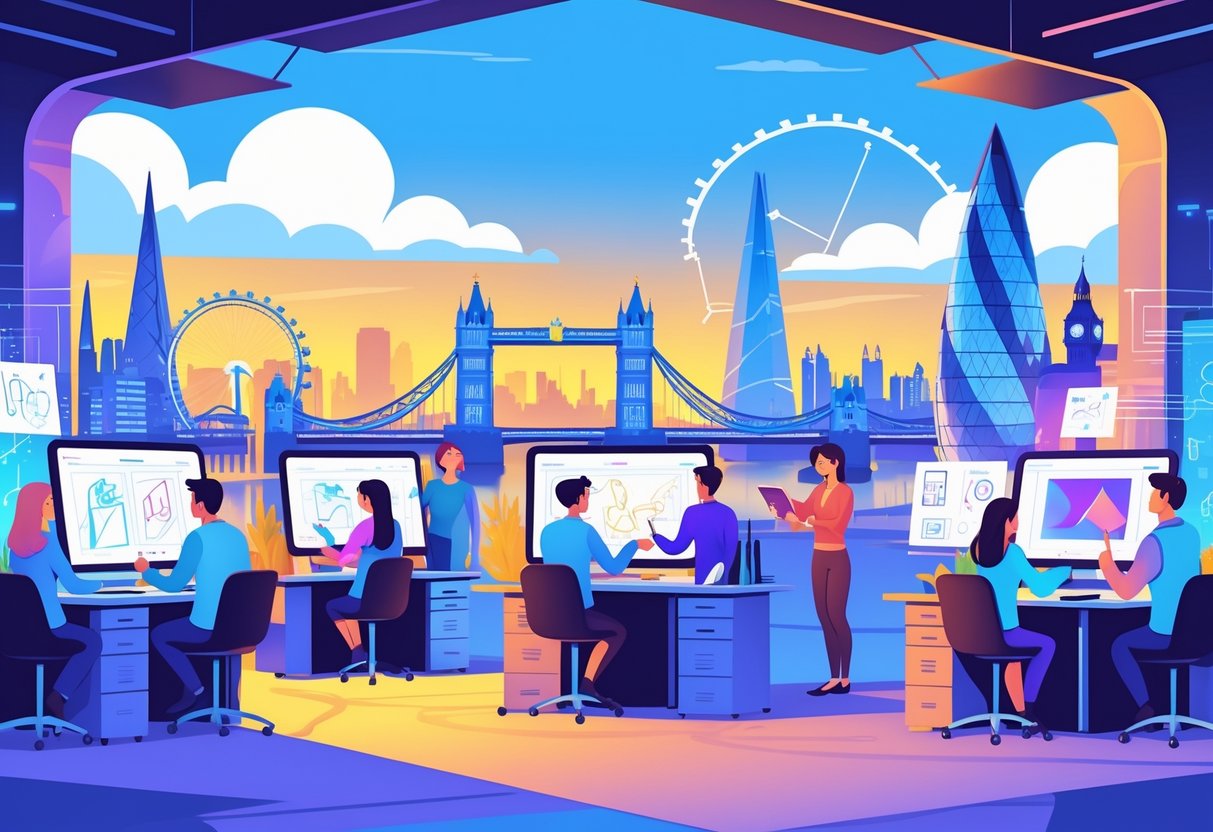 A group of creative professionals working with digital drawing tablets in front of a London cityscape featuring the Shard, Tower Bridge, and the London Eye.