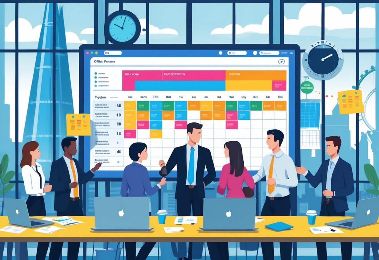 A group of professionals working together in an office with a large screen showing project timelines, with London landmarks visible through the windows.