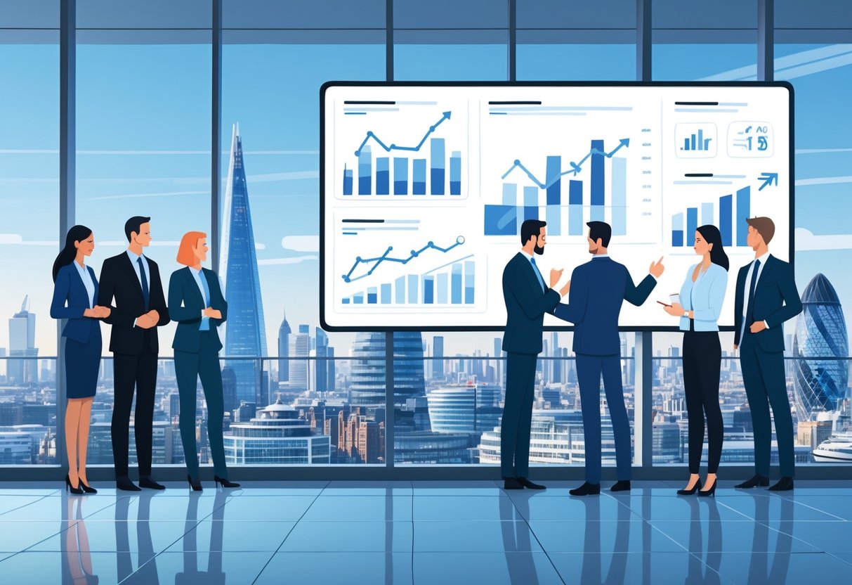 A group of business professionals discussing financial data on a digital screen in a high-rise office overlooking London landmarks.