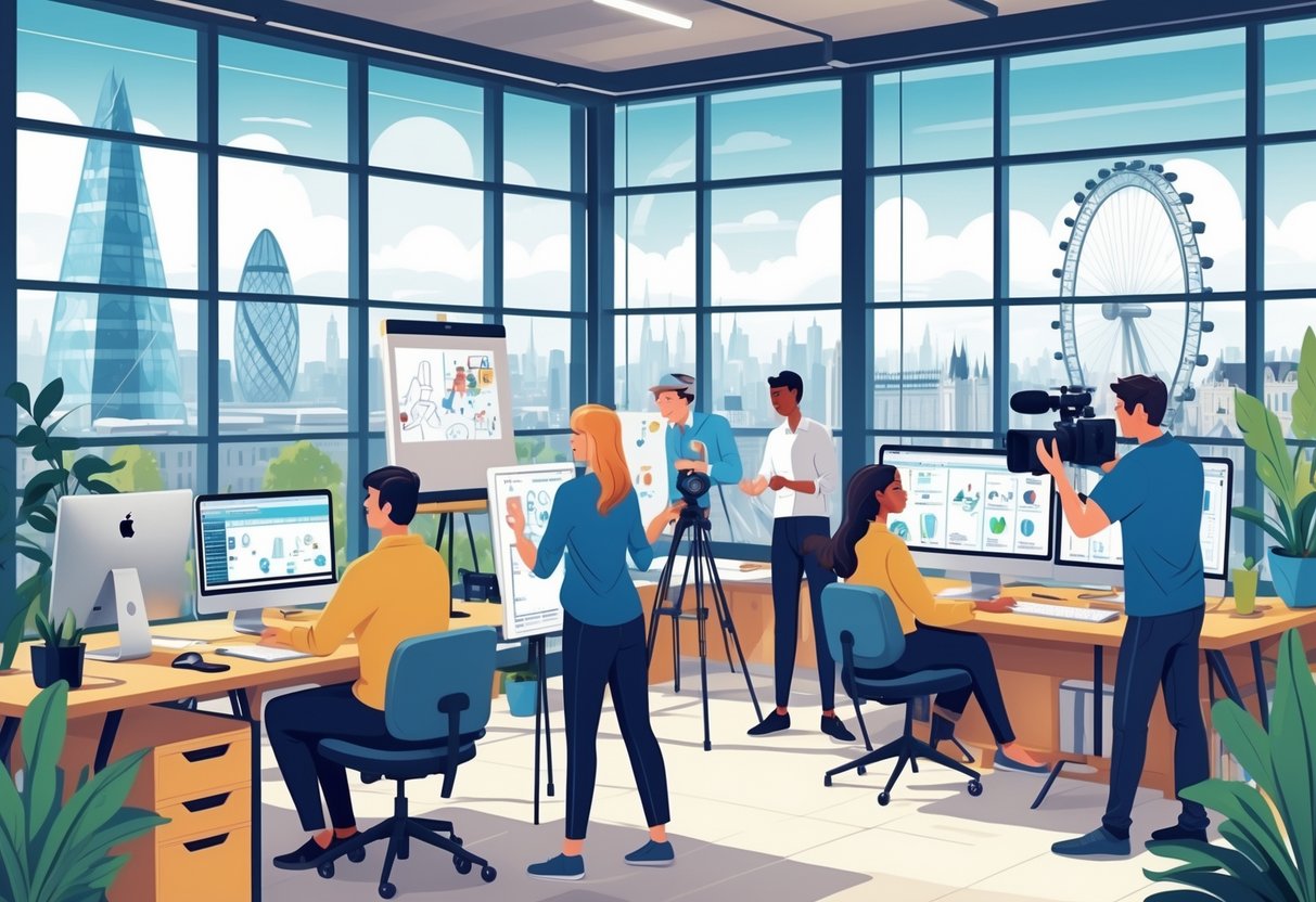 A group of people working together in a bright London studio with large windows showing city landmarks, engaged in video production activities.