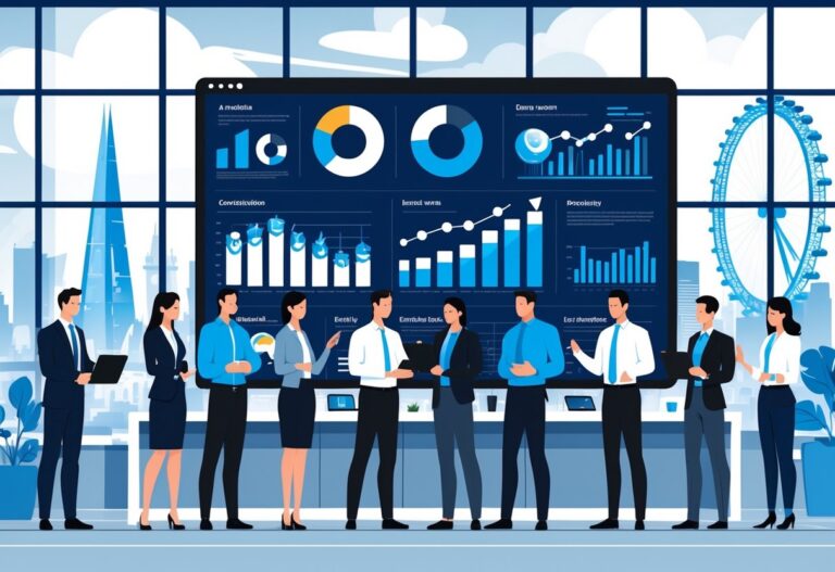 Business professionals collaborating in a modern office with animated charts on a large screen and London landmarks visible through the windows.