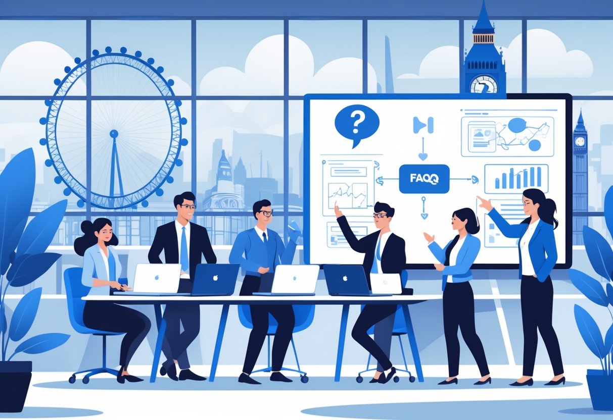 A team of people working together in an office with London landmarks visible through the window, planning a video about frequently asked questions.