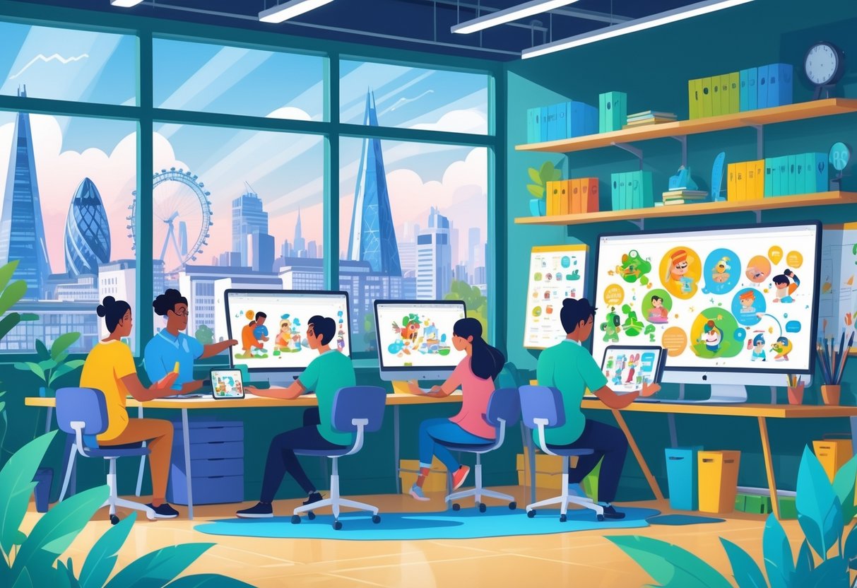 A busy animation studio in London with artists working on educational animation projects, showing a city view with famous landmarks outside the windows.