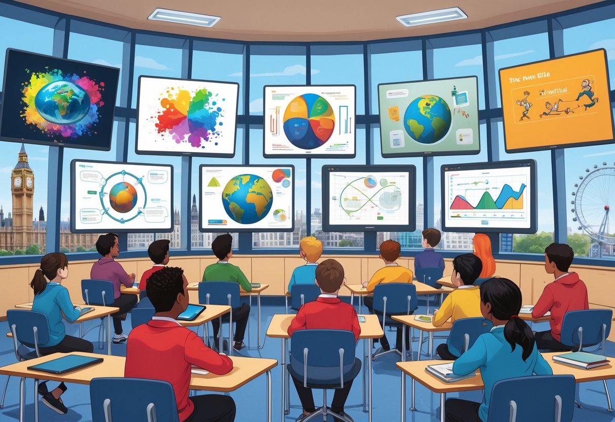 A classroom in London where students watch different types of educational animations on screens, including 2D, 3D, stop-motion, motion graphics, and whiteboard animations, with London landmarks visible outside.
