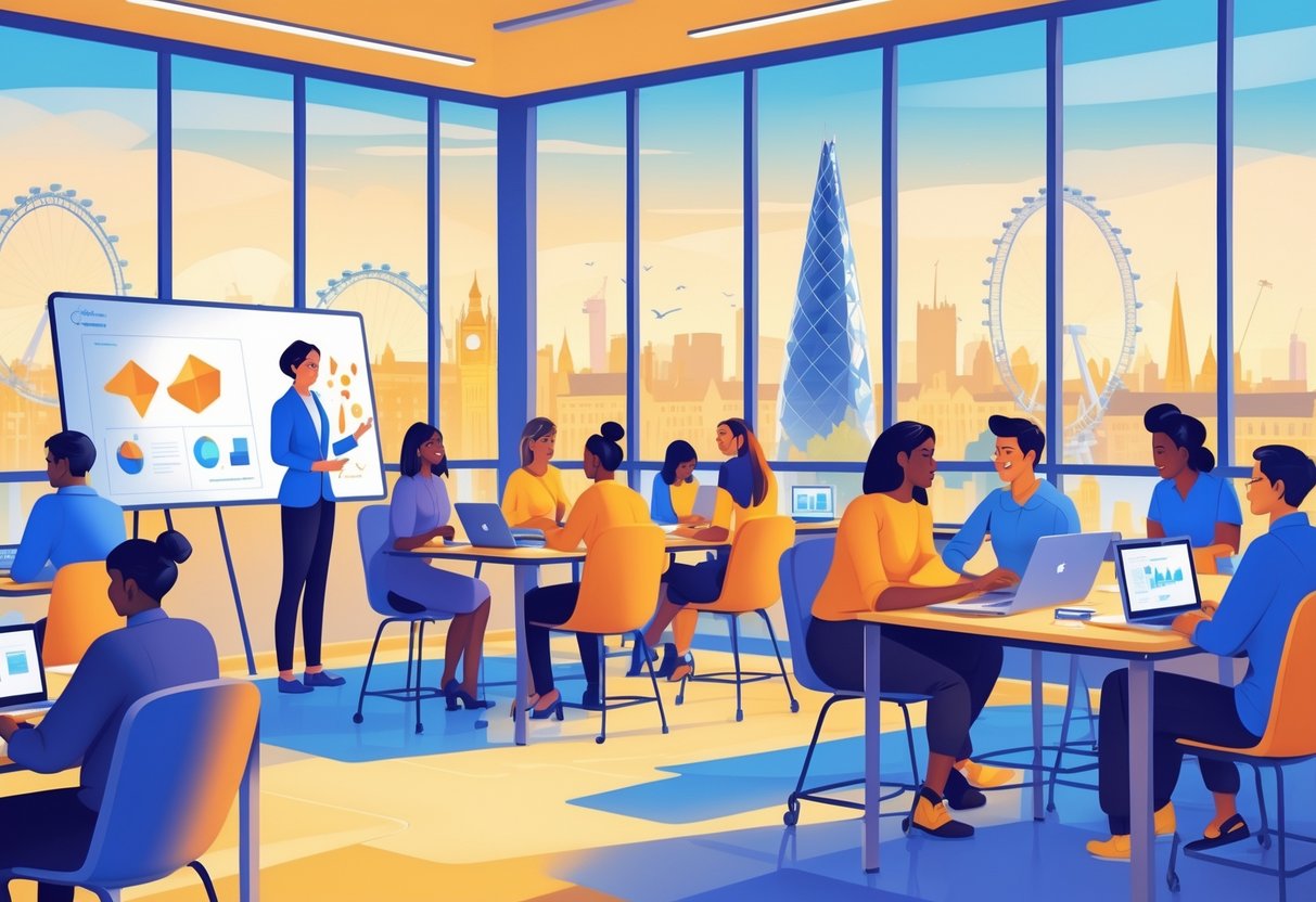 A group of adults participating in a training workshop in a modern room with views of London landmarks through the windows.