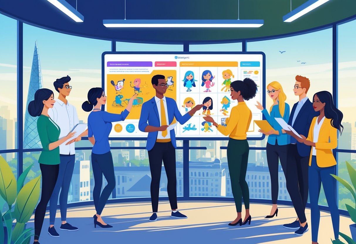 A group of creative professionals collaborating in a meeting room with a digital screen showing animation sketches, with the London skyline visible through a window.