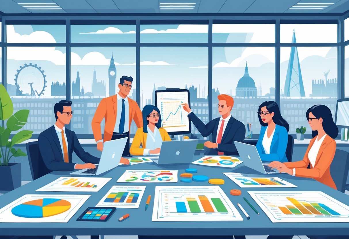 A team of professionals working together at a table with laptops, documents, and digital devices, with a view of London landmarks through a large window.