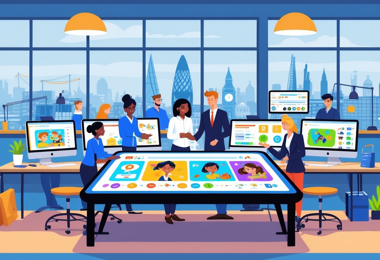 A group of people working together in a bright studio with digital screens showing animated educational content and a view of London landmarks through large windows.