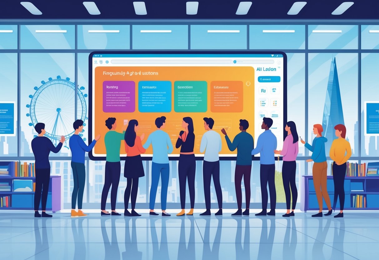 A group of people interacting with a large digital screen showing an educational FAQ interface in a modern room with London landmarks visible through the windows.