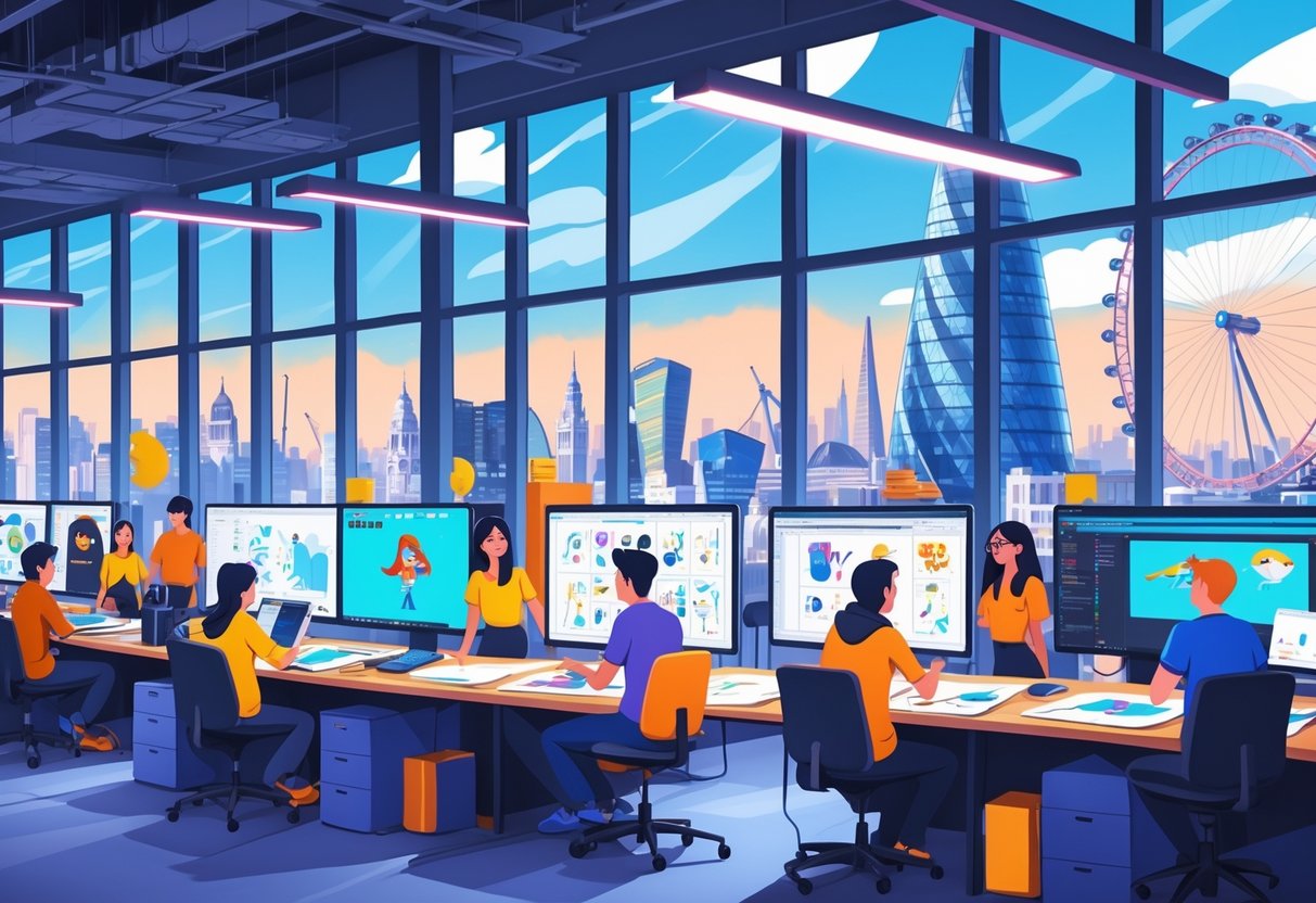 A team working on animation production in a London studio with digital screens and London landmarks visible through windows.