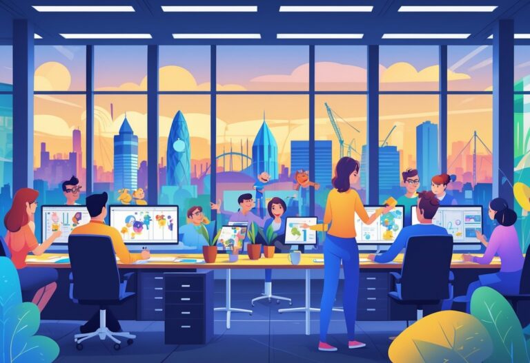 A busy office scene in Birmingham where animation professionals work together on creative projects with animated characters appearing around them.