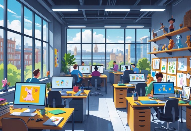 A busy animation studio with people working at desks surrounded by drawing tools and computer screens, with windows showing a city view.