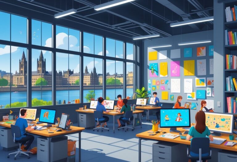 Interior of a busy animation studio with artists working at desks and a view of Glasgow city through large windows.