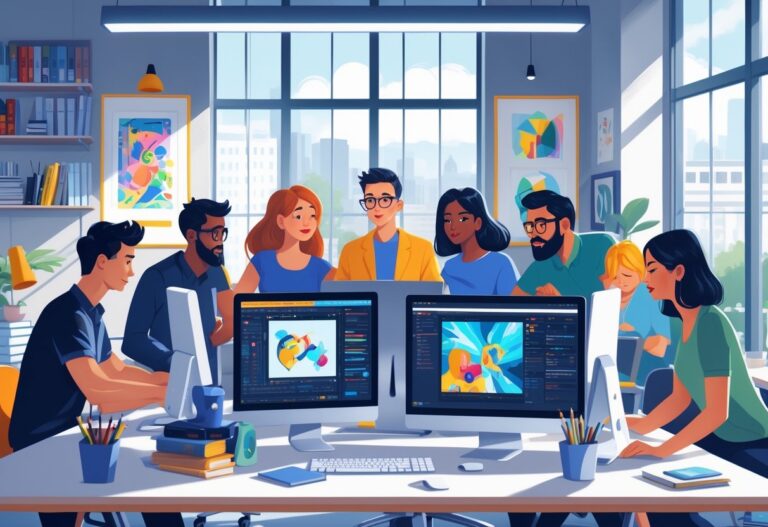 A team of designers working together in a bright office with computers showing animation and graphic design, with a city view in the background.
