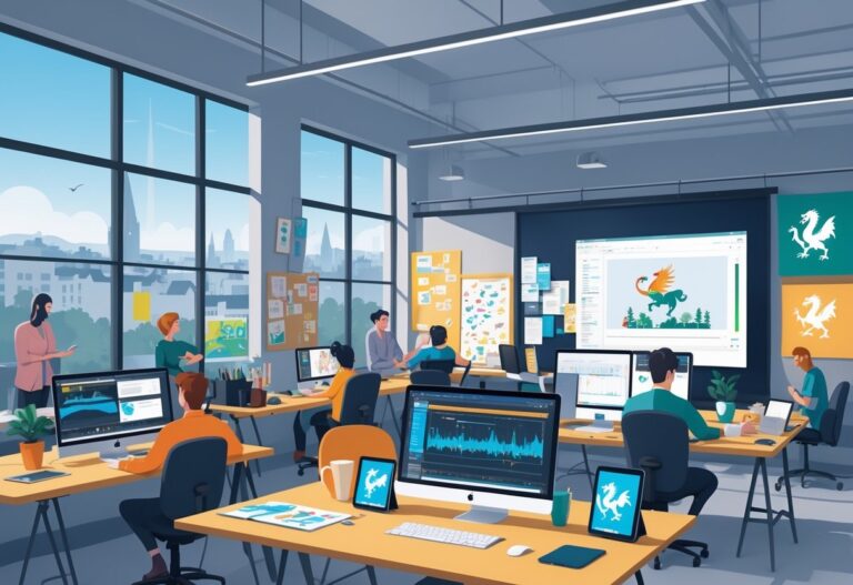 A creative animation studio with people working on computers and storyboards, with a city view in the background.