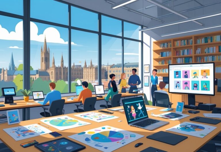 A bright animation studio in Nottingham with creative professionals working together surrounded by animation tools and city landmarks visible through large windows.