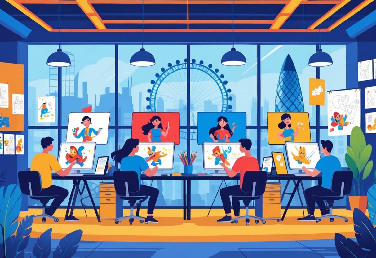A creative animation studio with artists working on 2D character designs and animations, set against a backdrop showing the London skyline.