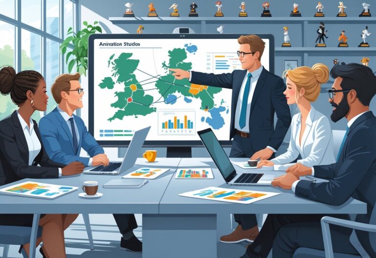 A group of professionals in a meeting room discussing animation outsourcing options with a digital map of the UK displayed on a screen.