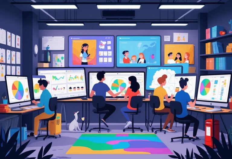 A creative studio with animators working on digital and traditional animation tools surrounded by storyboards and character sketches, with subtle UK cultural elements in the background.