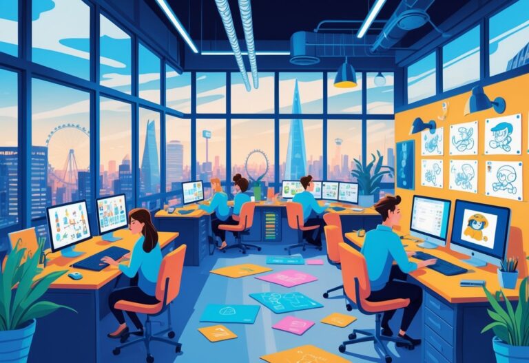 A team of animators working together in a bright office with London landmarks visible through the windows.
