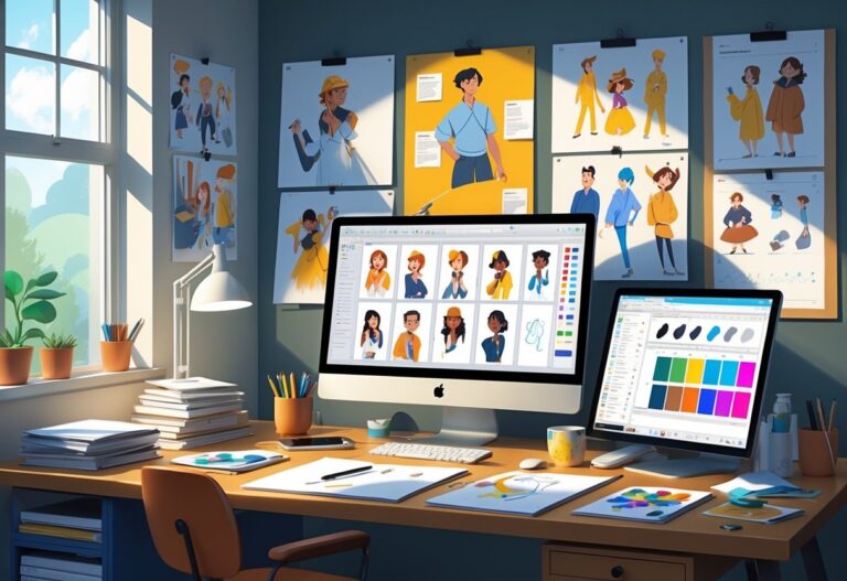 A workspace with animation tools, sketches, colour swatches, and a computer displaying animation software, surrounded by mood boards and character designs.