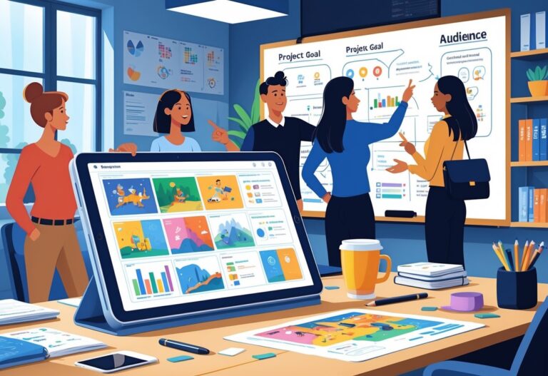 A team discussing an animation project around a desk with storyboards and a whiteboard showing project plans and audience icons.