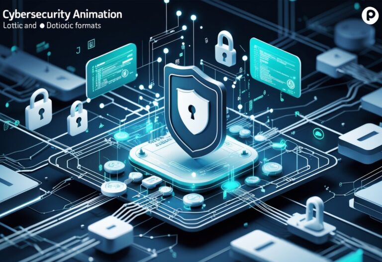 A digital scene showing a shield surrounded by floating padlocks, keys, and data streams within a network grid to represent cybersecurity animation.