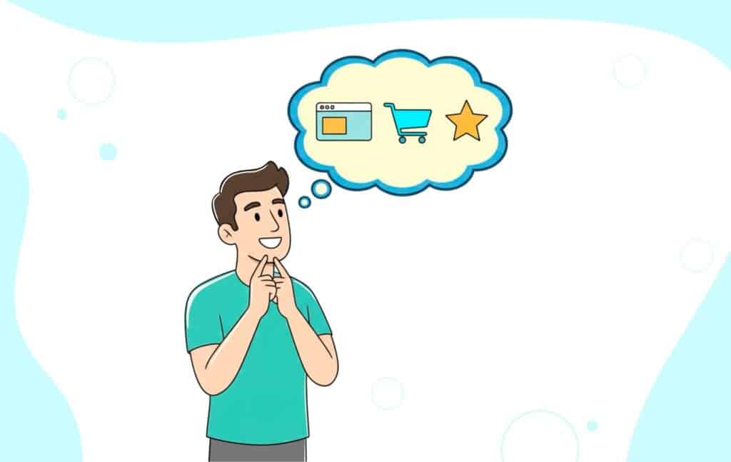 Illustration of a smiling person thinking, with a thought bubble showing a webpage, shopping cart, and star icons—perfect for concepts like Animated Sales Videos or engaging Sales Animation.