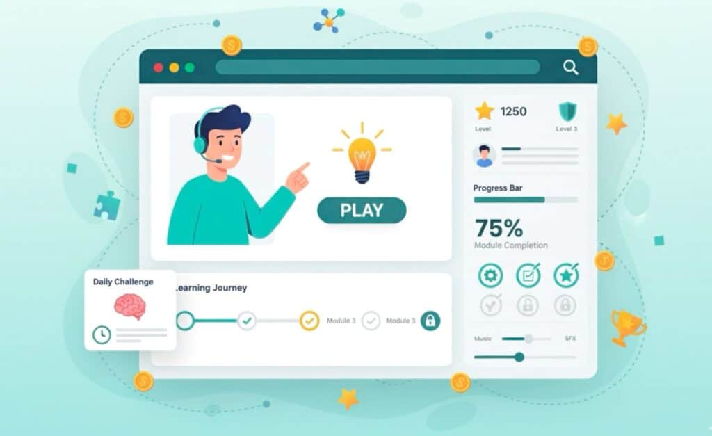 A dashboard interface features a person with a headset, a "Play" button, progress bar at 75%, user stats, and modules—perfect for tracking your educational animation journey.