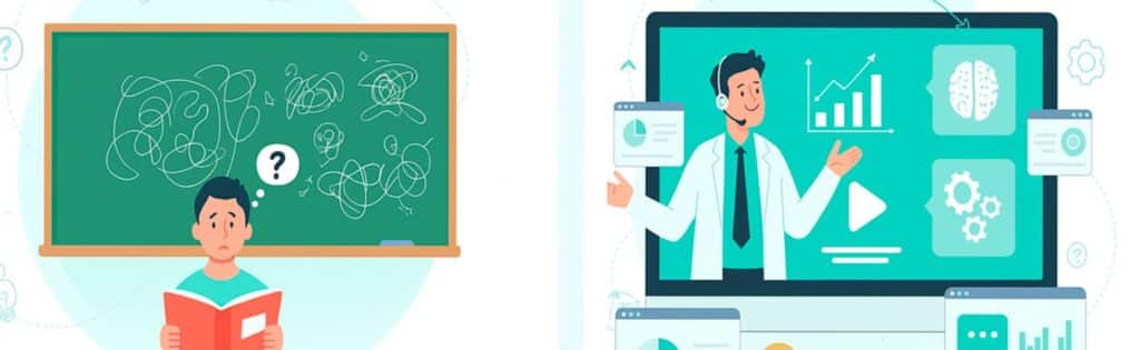 A confused student holds a book in front of a messy chalkboard, while a teacher uses Educational Animation on a large monitor to explain data and brain charts.