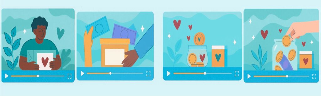 Four illustrated panels showing people donating money, placing bills and coins into boxes and jars with heart symbols.