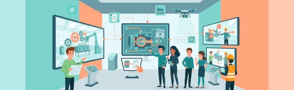 Illustration of people interacting with large digital screens displaying technical diagrams, gears, drones, and machinery in a modern, high-tech control room setting for the manufacturing industry.