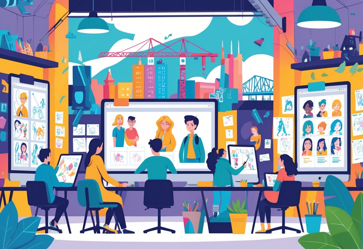 A creative animation studio with people working on digital drawings and character designs, featuring Belfast city elements in the background.