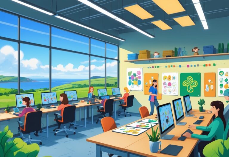 A modern animation studio with artists working at desks and a view of green hills and coastline through large windows.